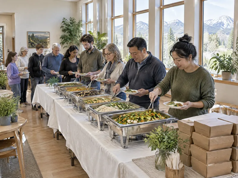 Guests serving themselves from chafing trays of vegetable dishes in a bright hall, with stacked kraft meal boxes on the table