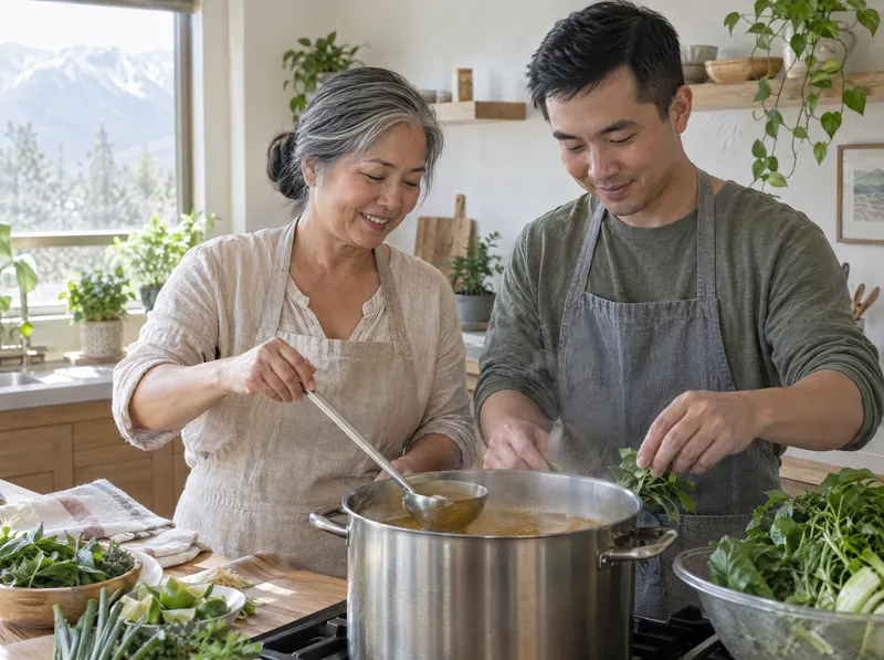 An older cook ladles broth from a steel pot while a younger cook tears herbs into it; a window behind them looks out on snowy mountains