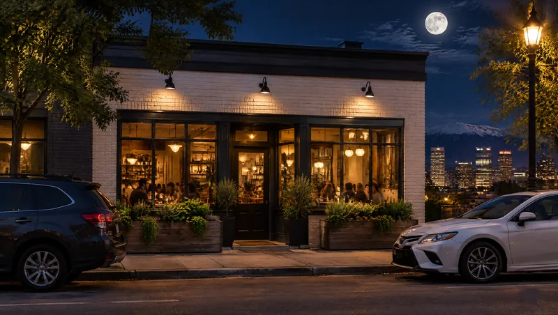 The front of the restaurant at night under a full moon, warm light in the windows and herb planters by the door