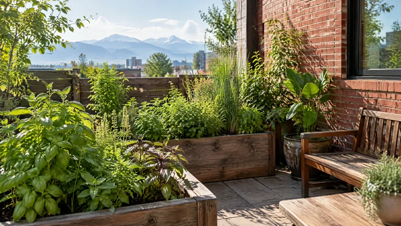 The herb patio behind the restaurant in morning light: raised wooden planters of Vietnamese herbs, a red brick wall and a bench, mountains faint far away