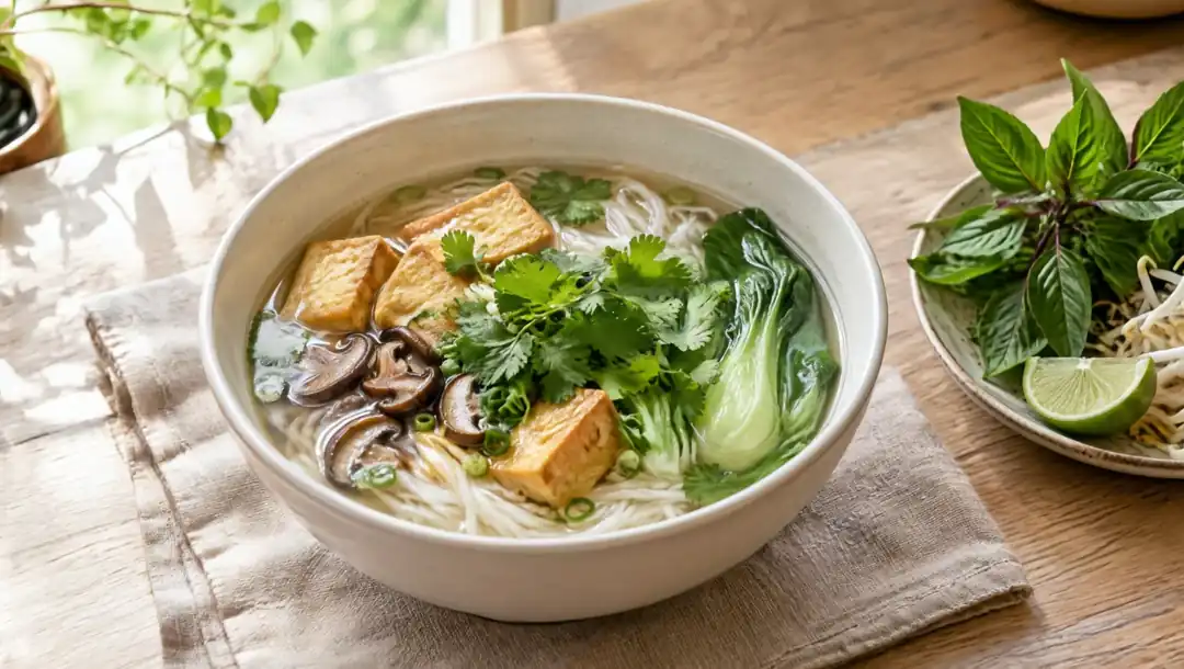 A bowl of vegetarian phở on linen by the window: clear broth, rice noodles, fried tofu, shiitake and bok choy, with a plate of basil, sprouts and lime