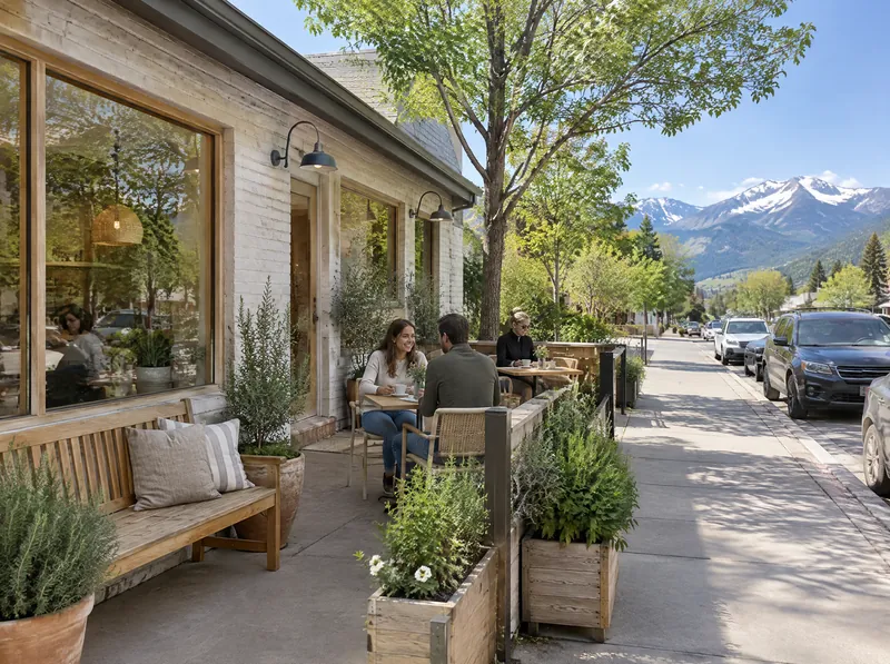 The painted-brick front of AN LẠC on a sunny street, with herb planters, a cushioned bench and two people talking at a patio table; snowy mountains stand at the end of the street