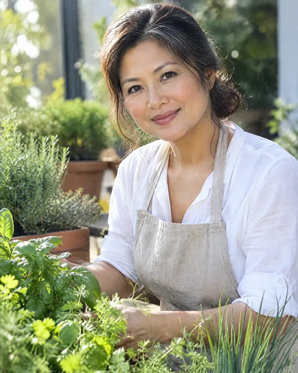 Cô Tâm, the chef, in a linen apron among the herb planters in morning light, smiling