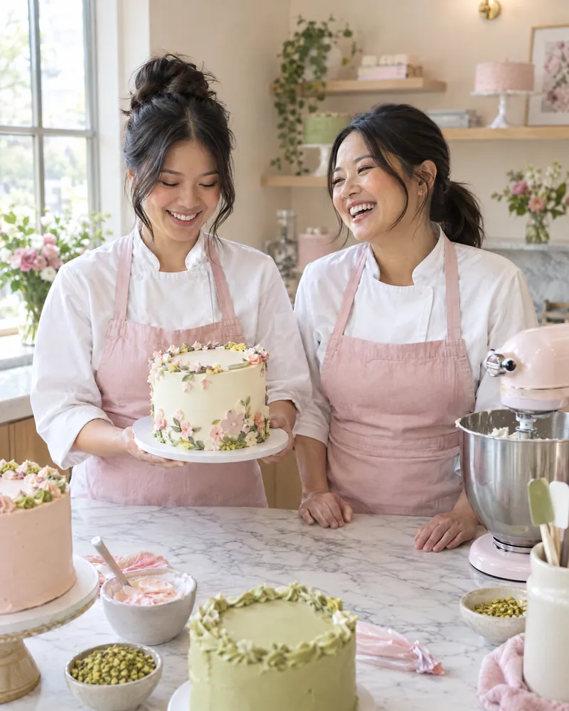 Two bakers in pink aprons laughing at a marble worktable, one holding a decorated cake