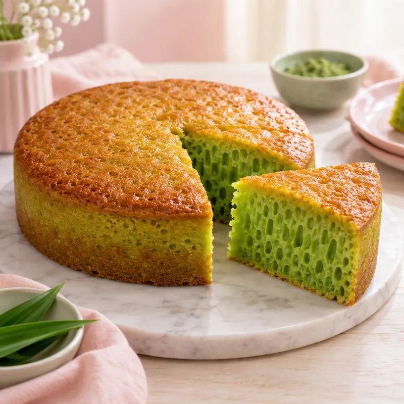 A honeycomb cake with a wedge cut out, showing the green, airy inside