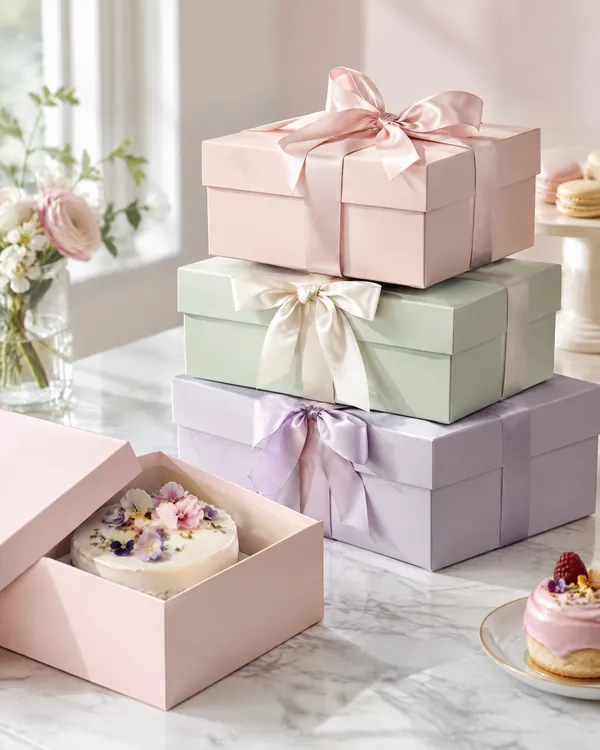 Pink, sage and lilac cake boxes tied with satin ribbon, stacked on a marble counter next to a small open box with a cake