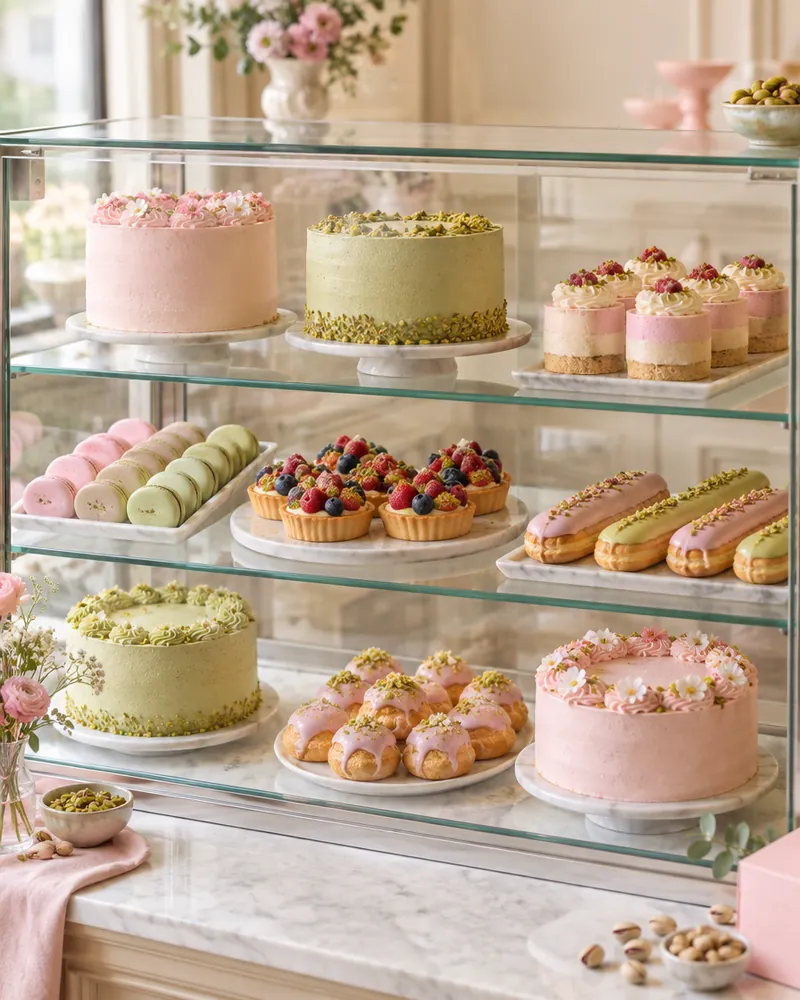 A glass display case with cakes, tarts, eclairs and macarons on three shelves