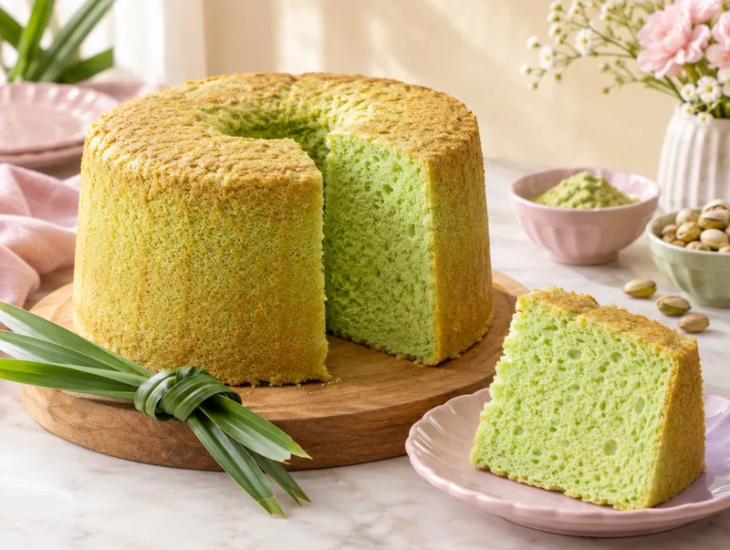 A pandan chiffon cake with a slice cut out, on a wooden board with pandan leaves