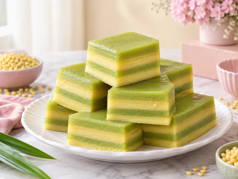 Stacked squares of green and yellow steamed layer cake on a white plate