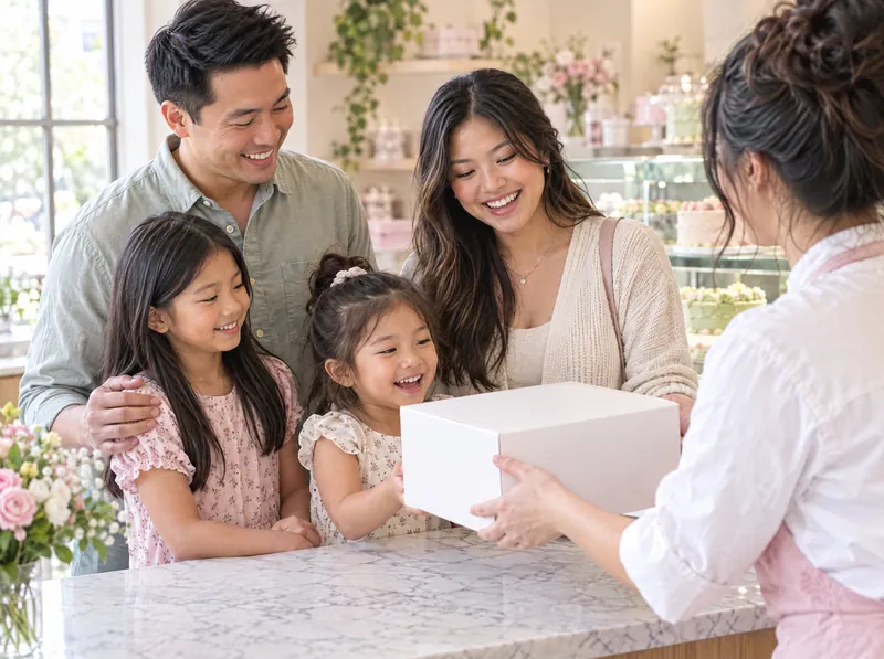 A family with two girls collecting a white cake box from a baker at the counter