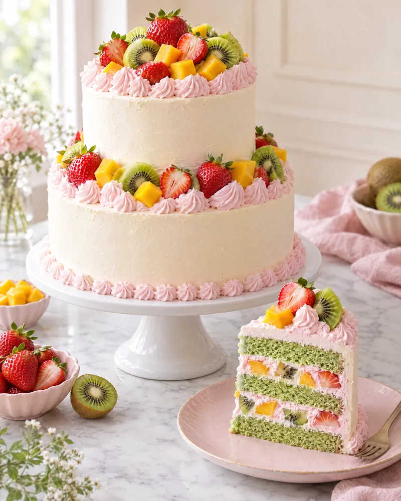 A two-tier cream cake topped with strawberries, kiwi and mango, with a cut slice showing green sponge and pink cream