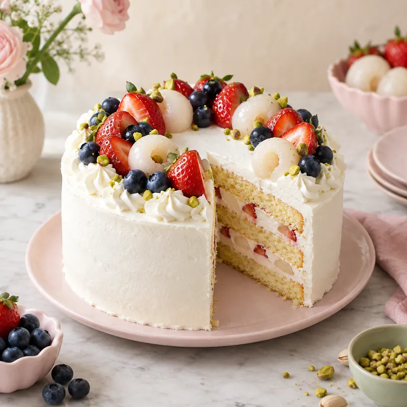 A round white cream cake topped with strawberries, blueberries and lychee, with a slice cut out