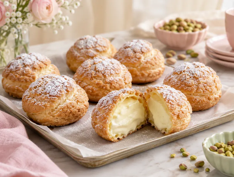 Six golden cream puffs on a tray, one broken open to show the custard cream