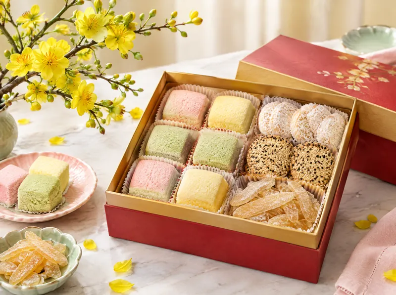 An open red gift box of square pastries in pastel colors, with yellow apricot blossom behind