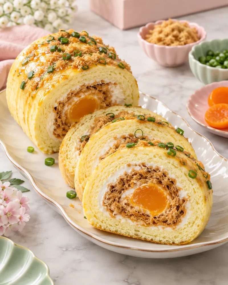 A sponge roll cut open on a platter, showing pork floss and a salted egg yolk in the middle