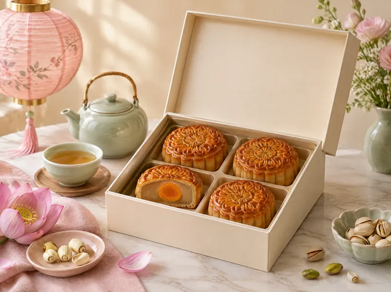 An open cream gift box of four baked mooncakes beside a teapot, a cup of tea and a paper lantern