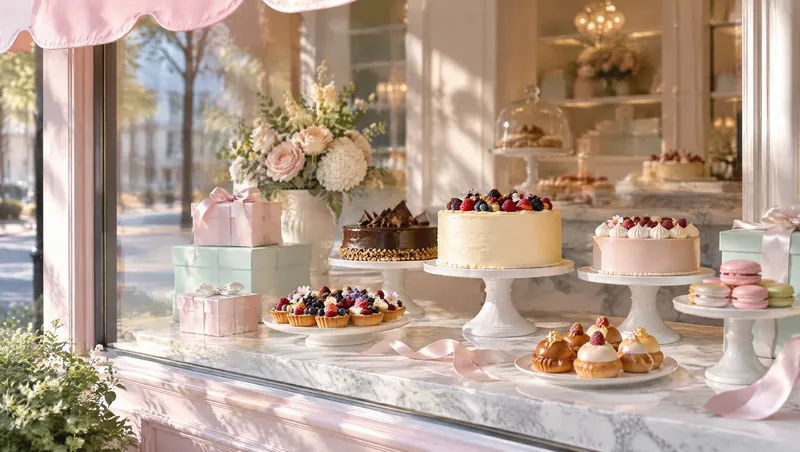 The shop window in the morning: cakes on white stands, macarons and ribbon-tied boxes on a marble ledge, a tree-lined street outside