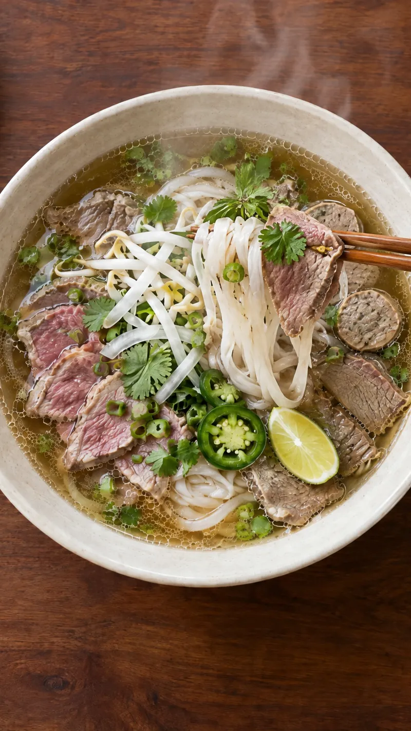 Chopsticks lifting noodles from a bowl of pho