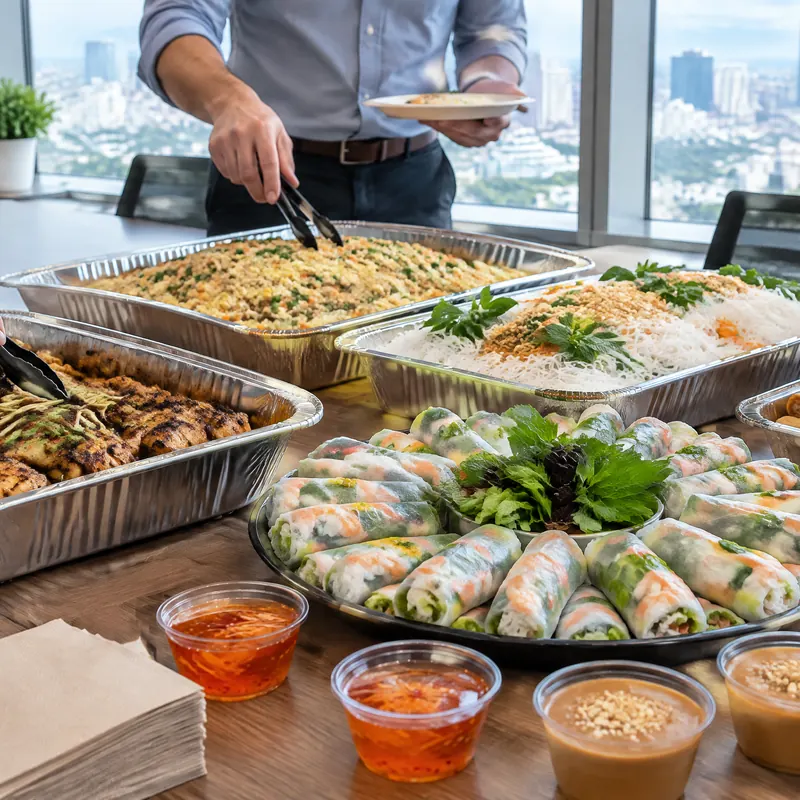 Vietnamese catering trays at an office lunch