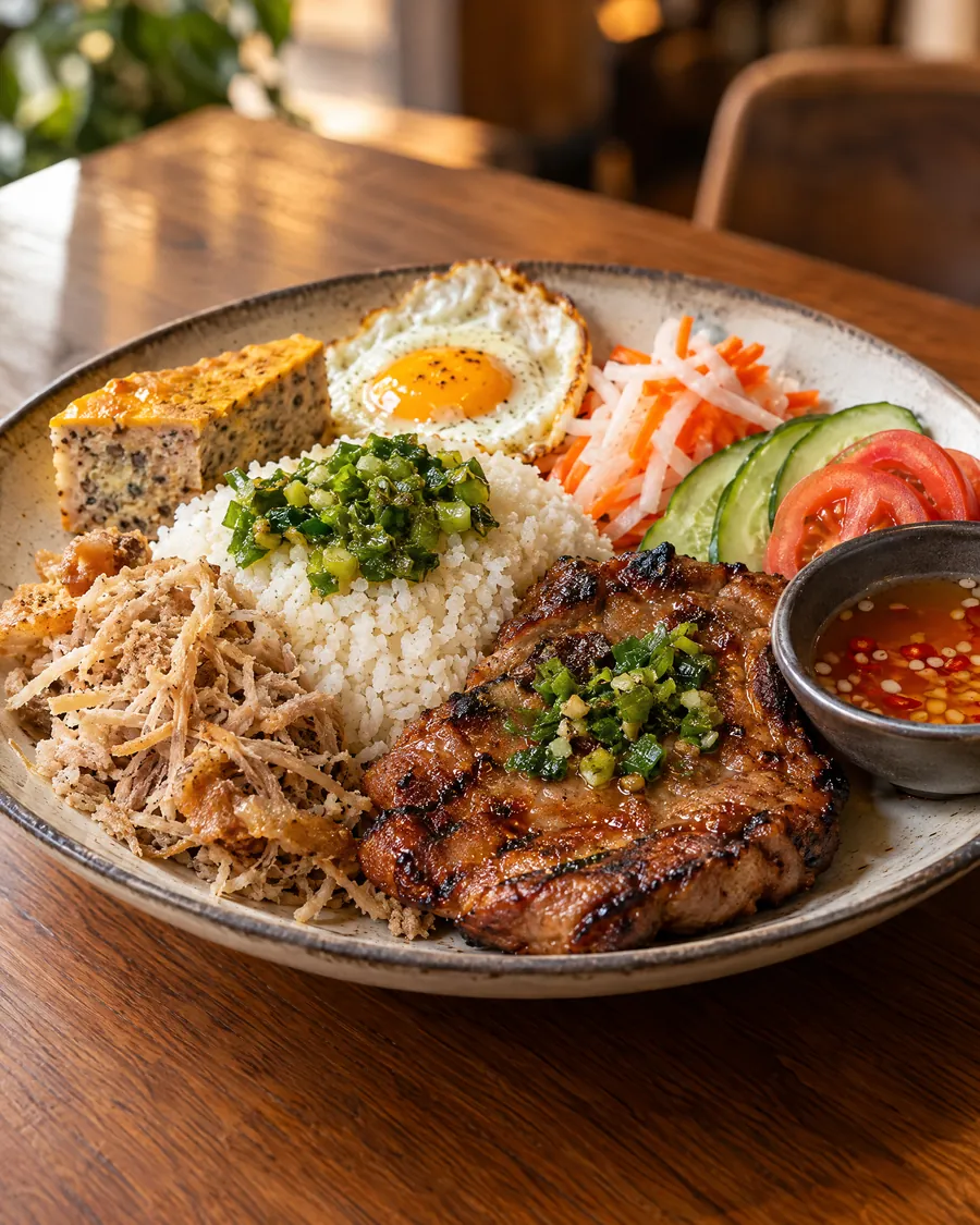 Cơm Tấm Sườn Bì Chả — Broken rice plate
