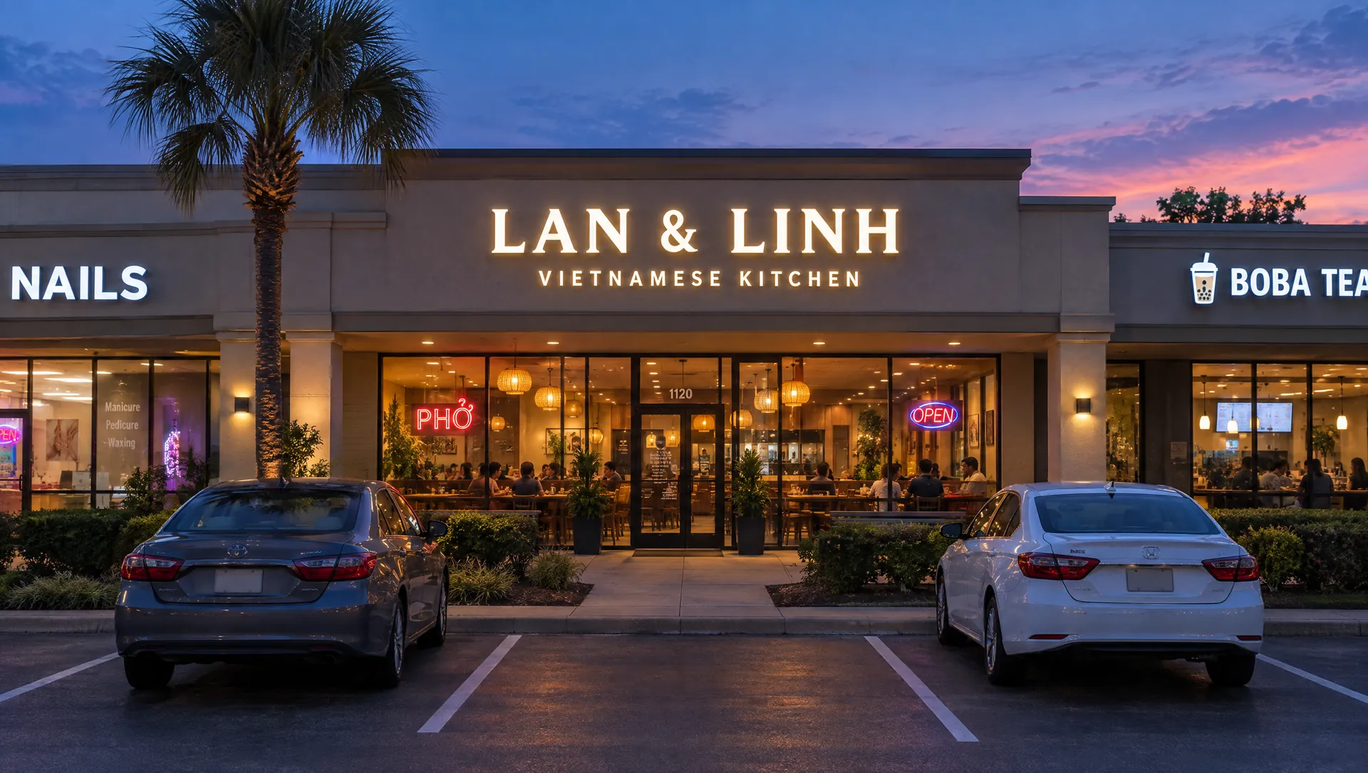 Lan & Linh in Lotus Plaza at dusk