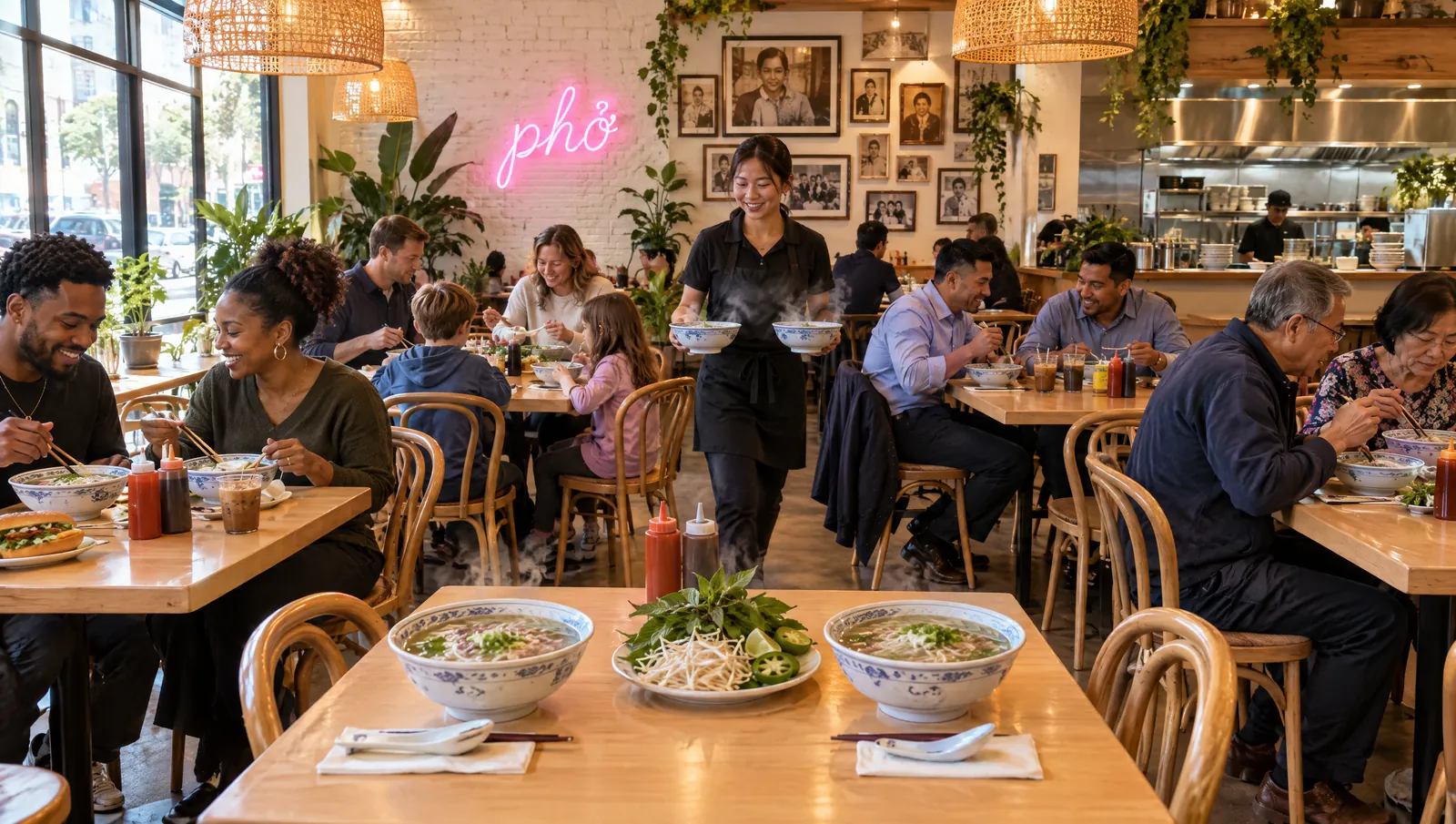 The dining room at Lan & Linh, full of guests at dinner