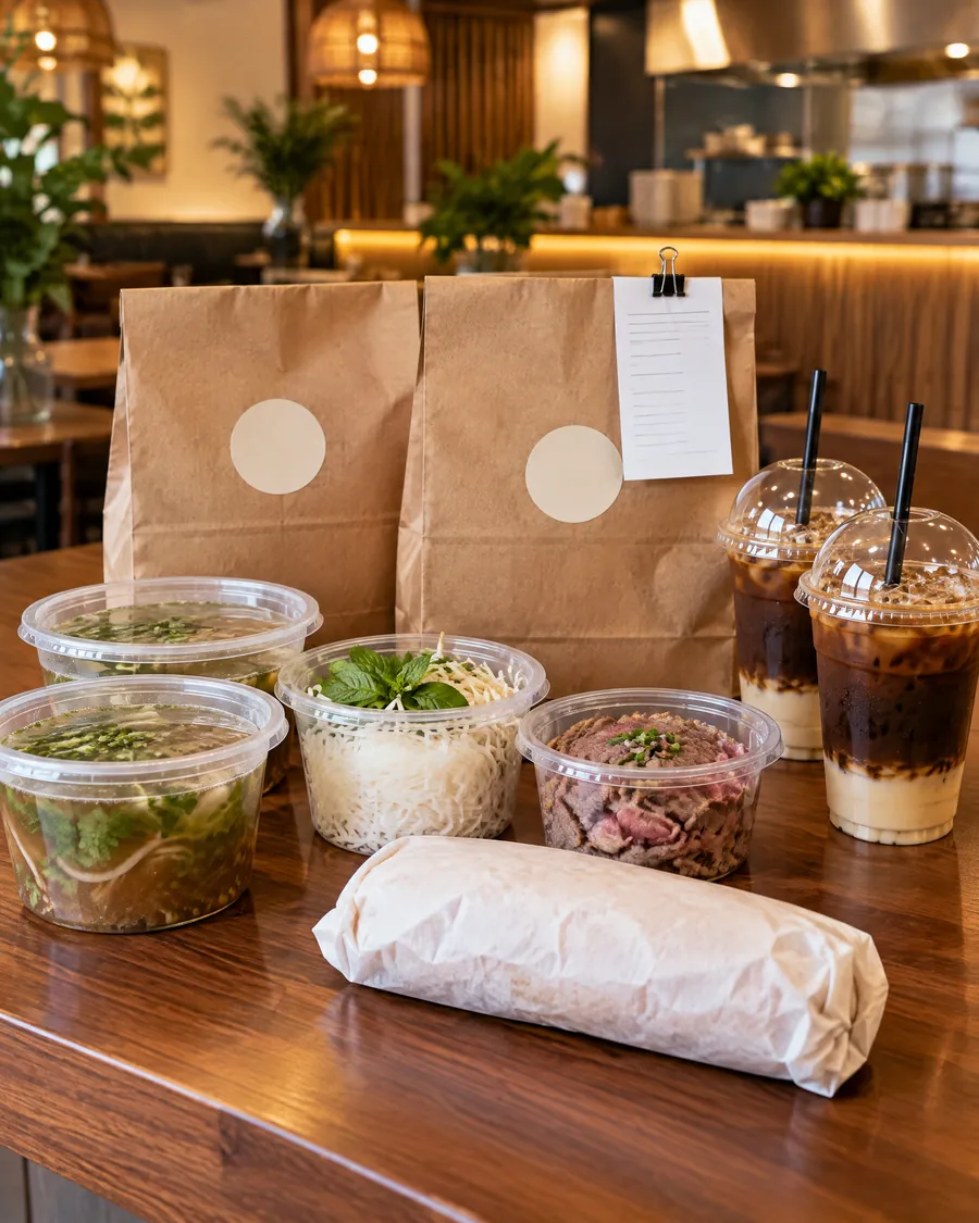 Takeout bags and to-go pho at the pickup counter