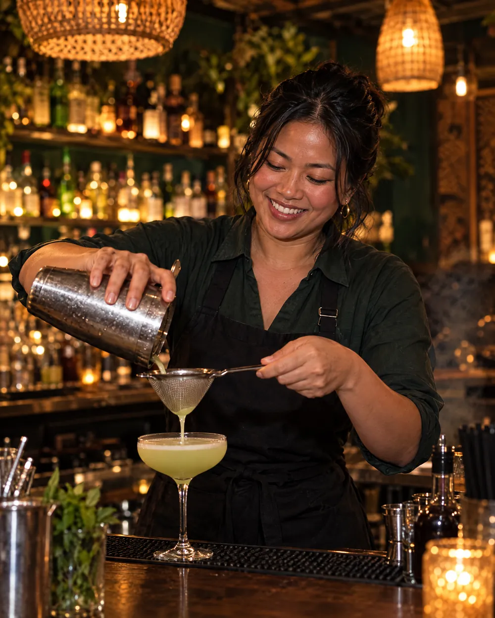 Thảo, the bartender, straining a lemongrass cocktail at the bar