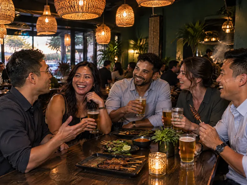 Coworkers laughing over beers and skewers at the bar after work