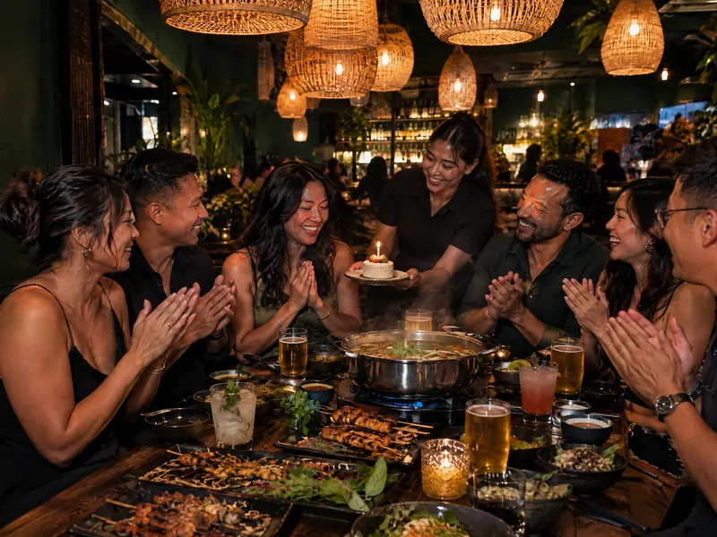Friends singing as a birthday cake with one candle arrives at the long table