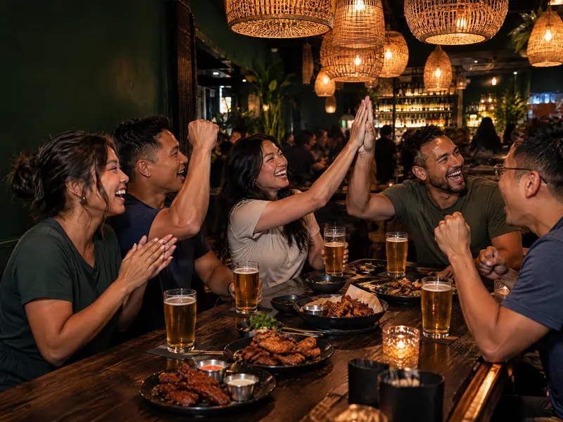 A group of friends cheering and high-fiving at the bar during a game