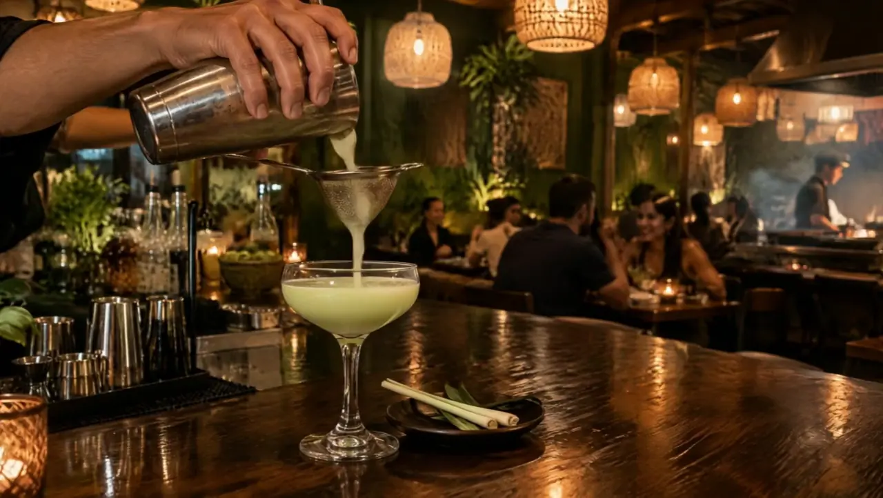 A bartender pours a pale green lemongrass cocktail into a coupe