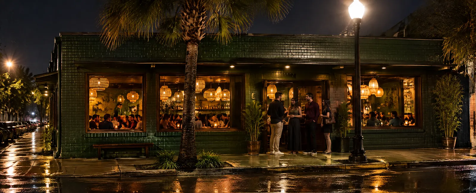 LÚA's brick front on North Mills Avenue at night, the windows glowing with lanterns