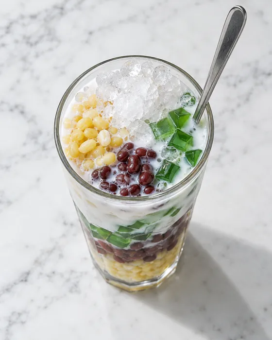 A tall glass of chè ba màu on white marble: mung bean, red bean and green pandan jelly under coconut milk and shaved ice, a long spoon in it