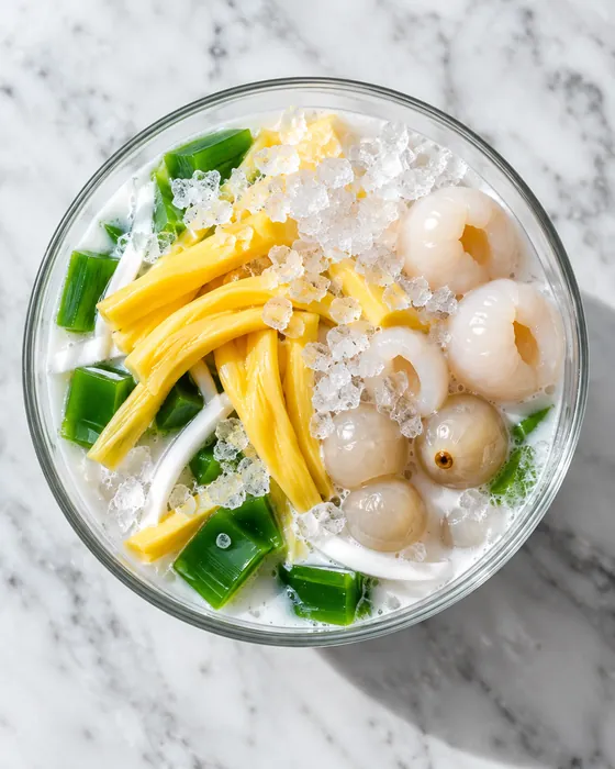 Chè Thái in a glass bowl seen from above: lychees, jackfruit strips and green pandan jelly in coconut milk over crushed ice