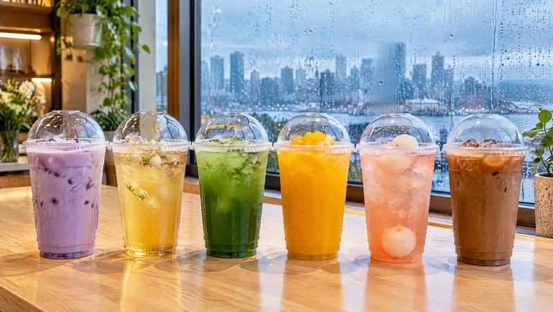 The six teas lined up on the pale wood counter, taro, jasmine, pandan, mango, lychee and salted coffee, rain on the window behind