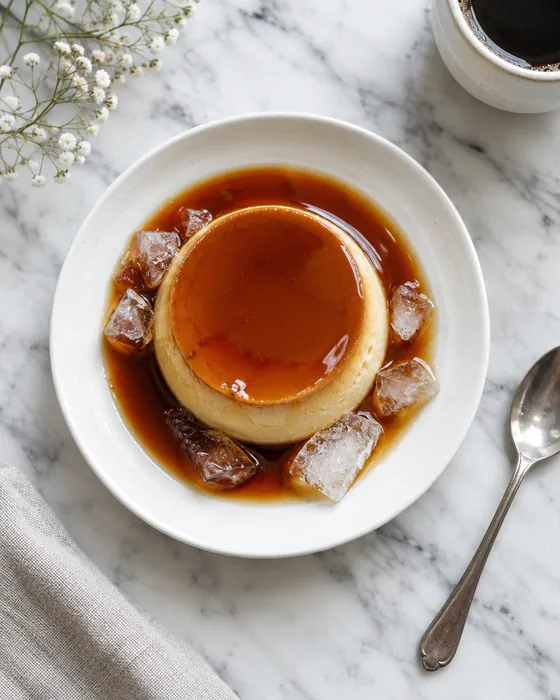 A caramel flan on a white plate seen from above, coffee caramel and ice around it, a spoon and a cup of coffee beside it
