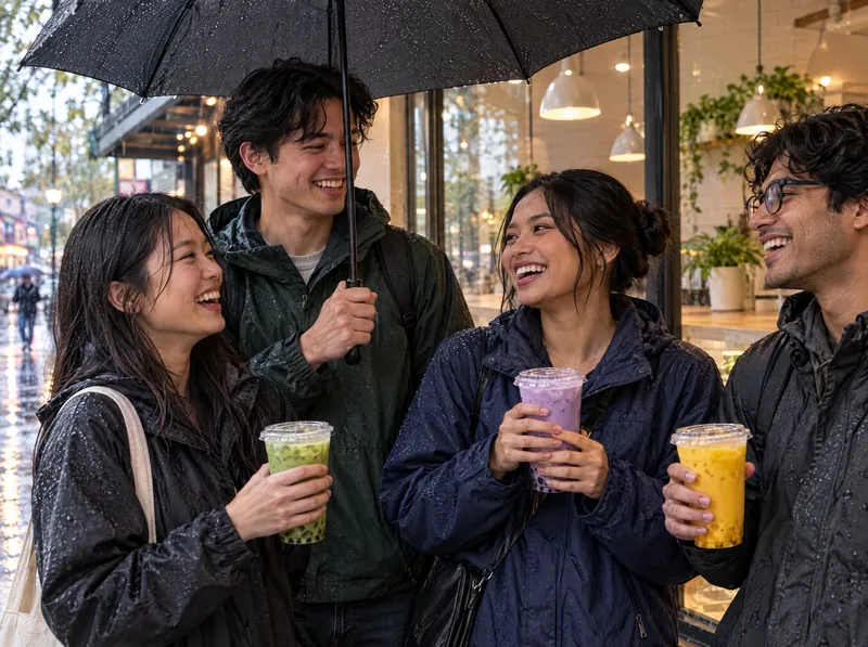 Four friends laughing under an umbrella and an awning in the rain, holding taro, pandan and mango teas