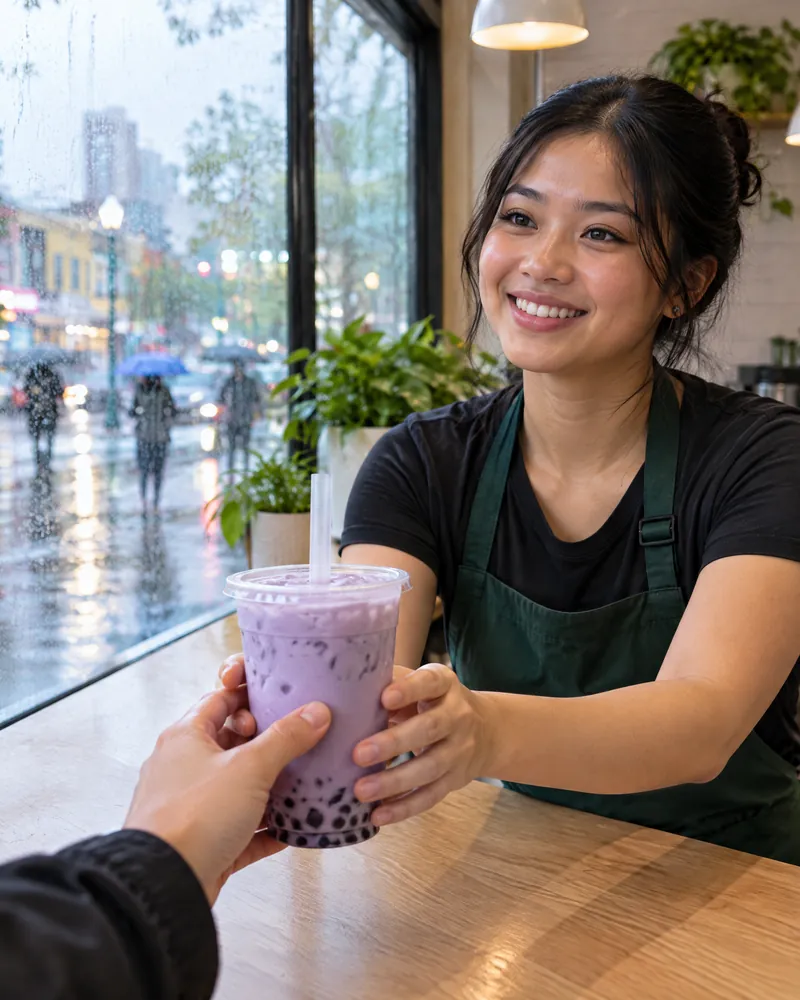 A barista in a green apron hands a taro milk tea across the wooden counter to a customer, rain on the window behind
