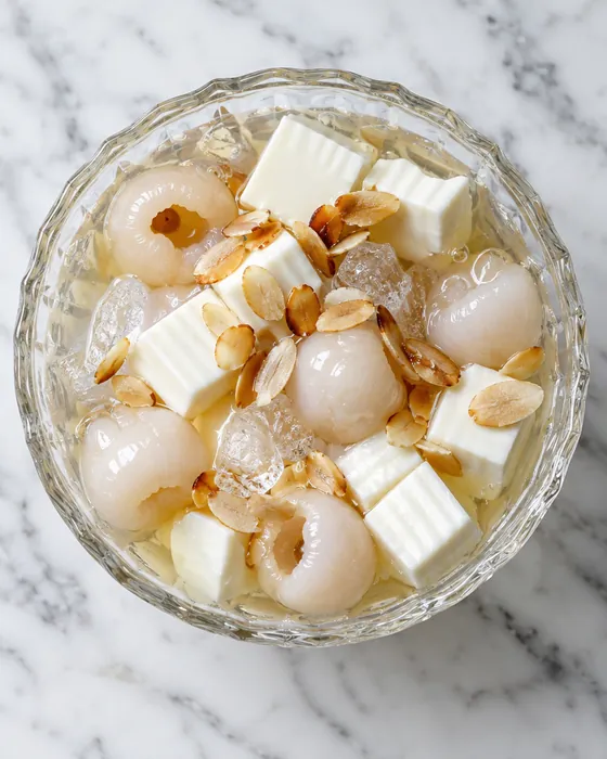 Khúc bạch in a cut-glass bowl: white milk-jelly cubes, peeled lychees, toasted almond slices and ice