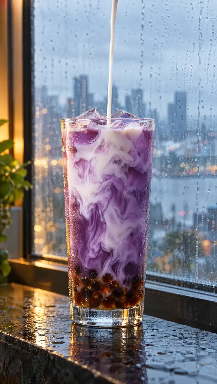 Milk swirling through a glass of taro tea on a wet windowsill, rain on the window behind