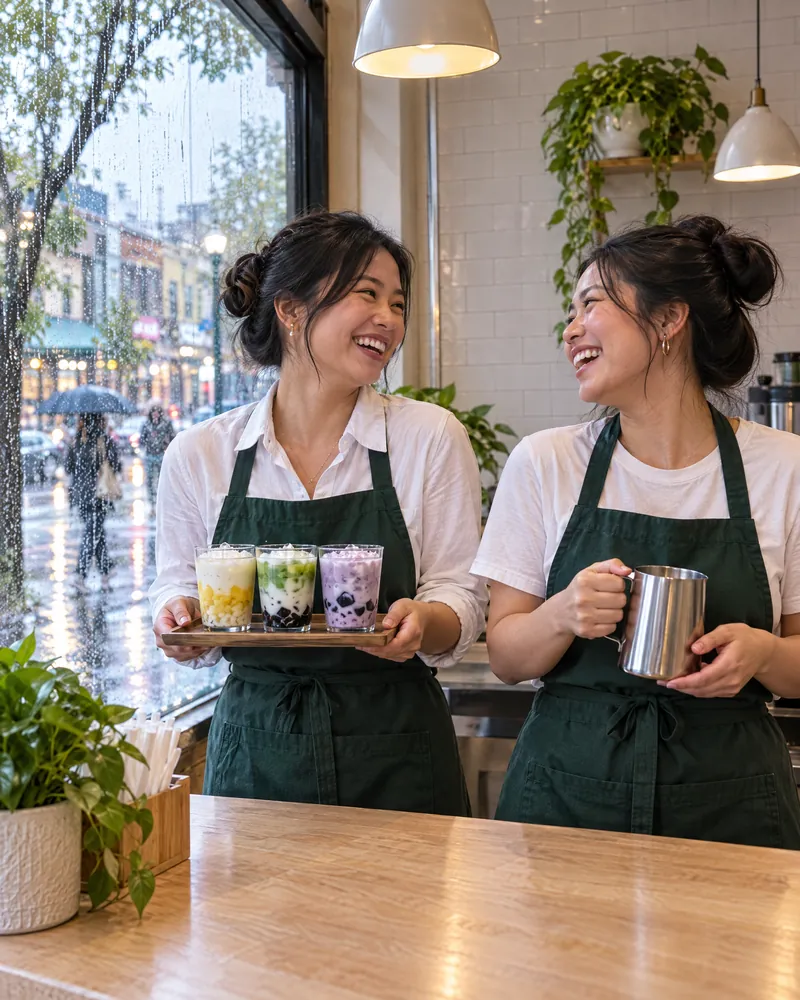 The two owners in green aprons behind the counter, laughing; one holds a tray of three chè glasses, the other a steel milk pitcher