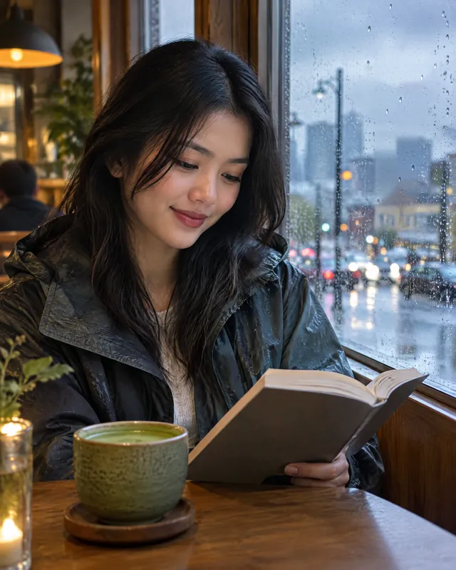 A young woman in a rain jacket reads by the window with a pandan tea, a rainy street blurred outside
