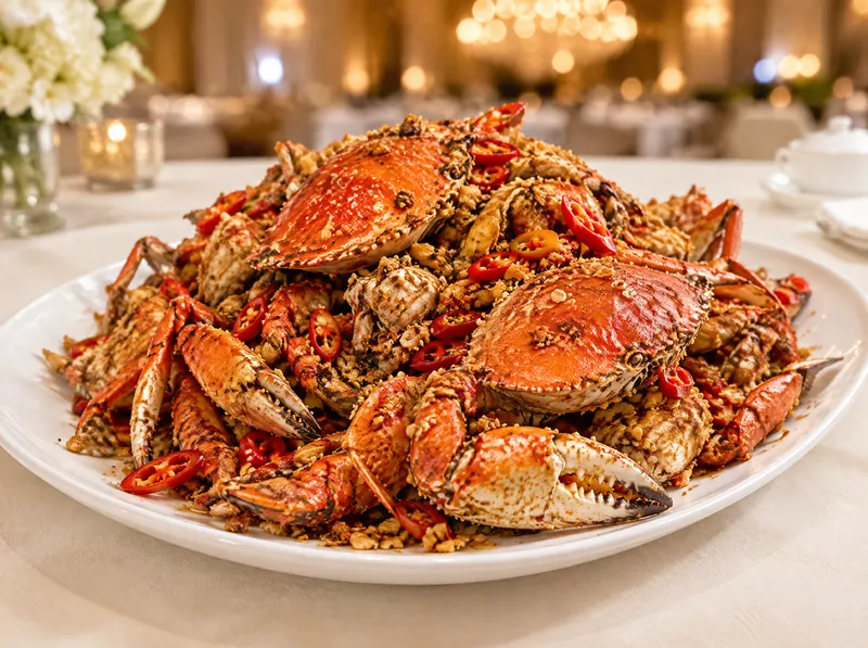 Cua Dungeness rang muối ớt chất đầy đĩa lớn