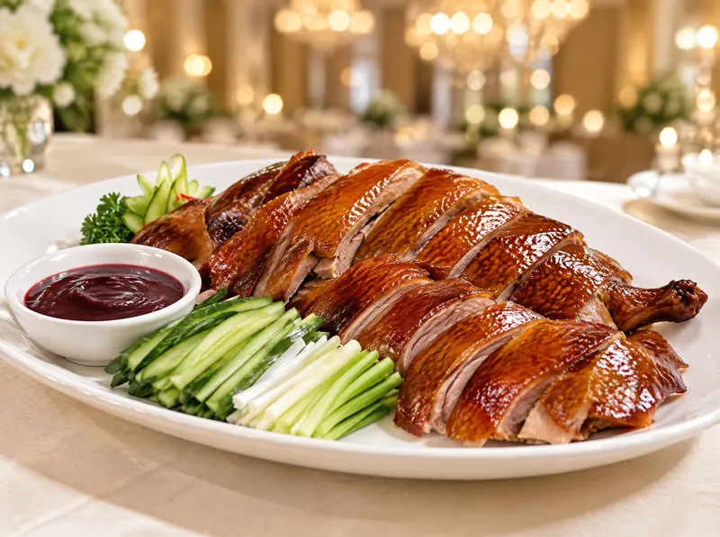 Vịt quay da giòn cắt lát, dưa leo và chén tương chấm