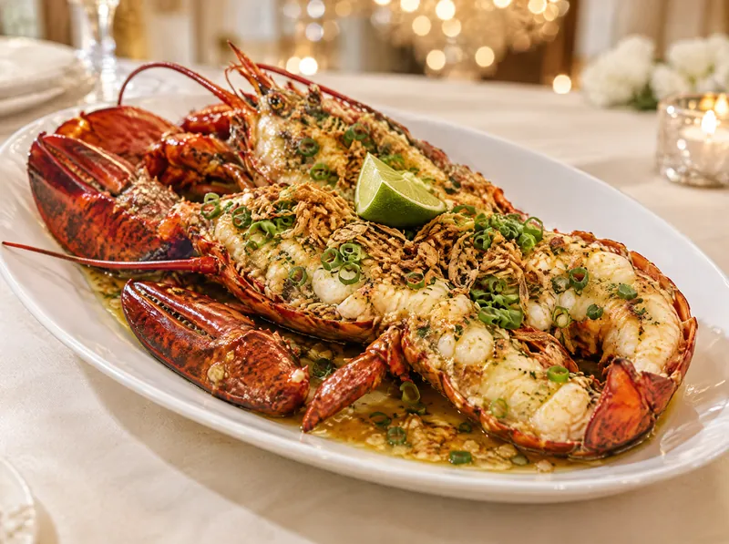 Tôm hùm nguyên con bơ tỏi, chẻ đôi, với lát chanh