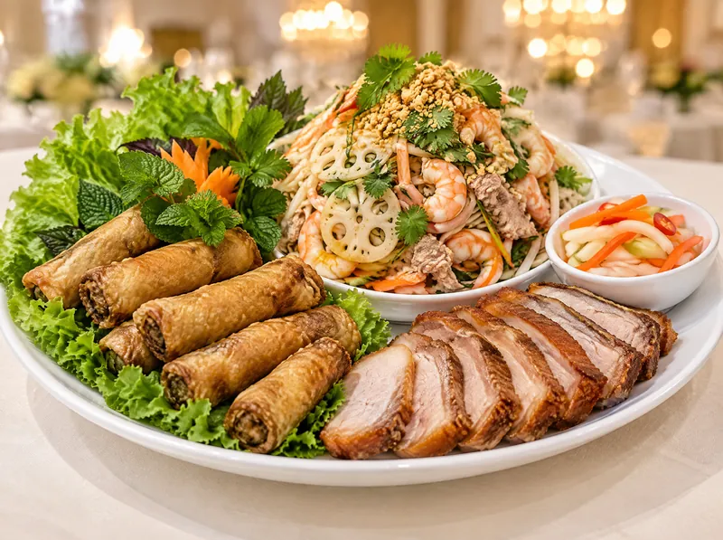 Đĩa khai vị: chả giò, gỏi ngó sen tôm thịt và heo quay