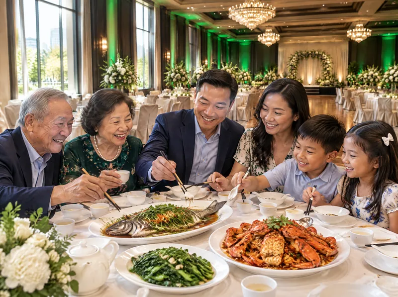 Ba thế hệ một gia đình ăn trưa hải sản quanh bàn tròn: cá hấp, cua rang muối ớt và rau xào