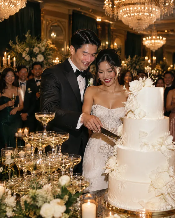 Cô dâu chú rể cắt bánh cưới trắng ba tầng, tháp ly champagne bên cạnh