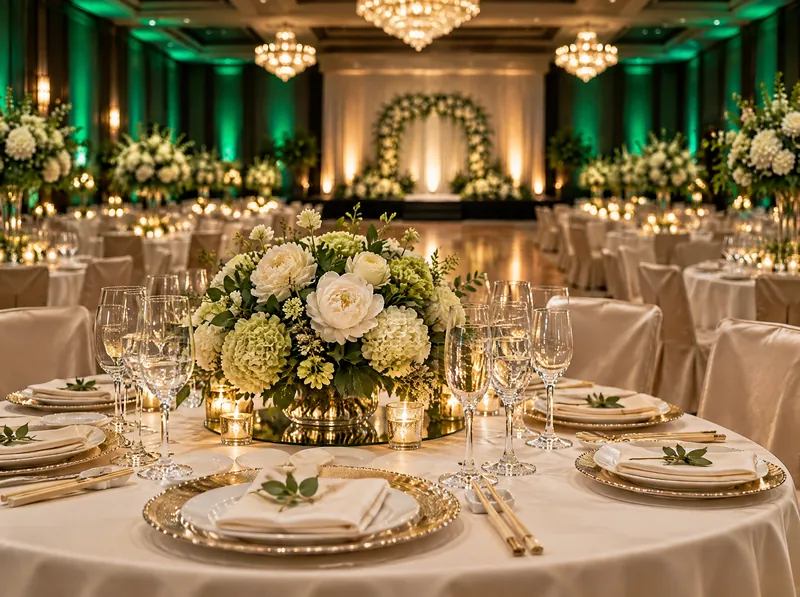 Một bàn tròn dọn sẵn cho mười khách: khăn ngà, đĩa viền vàng champagne, đũa, ly pha lê và bình hoa mẫu đơn trắng, sân khấu ở phía sau